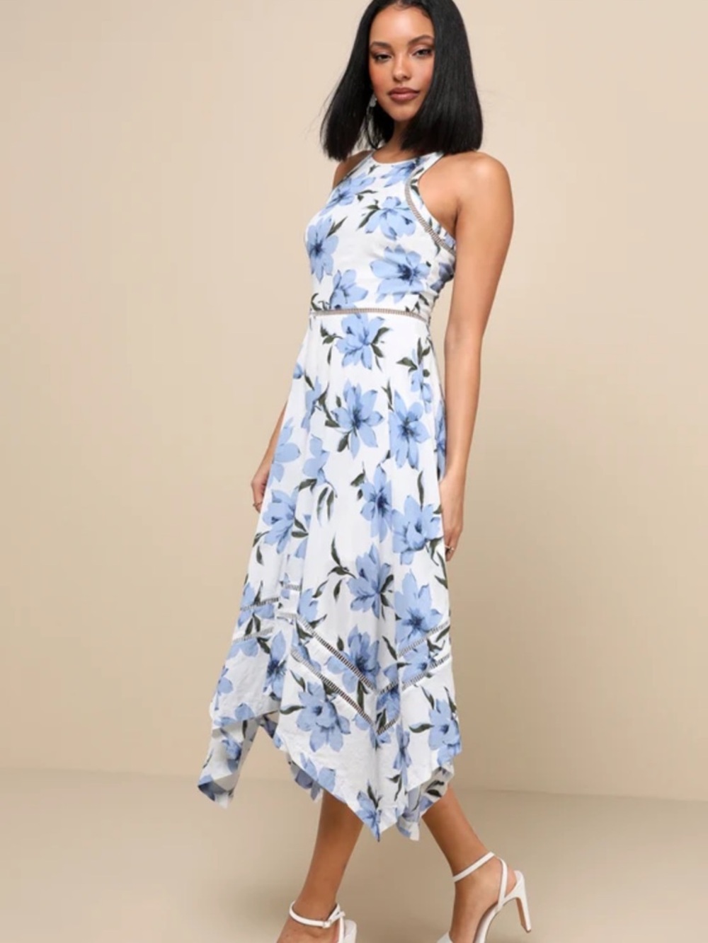 🆕 Lulus Zahara Blue and White Floral Halter Midi Dress